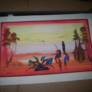 Original Painting African Savanah Stylized Women Artist Signed Badila Pam '89